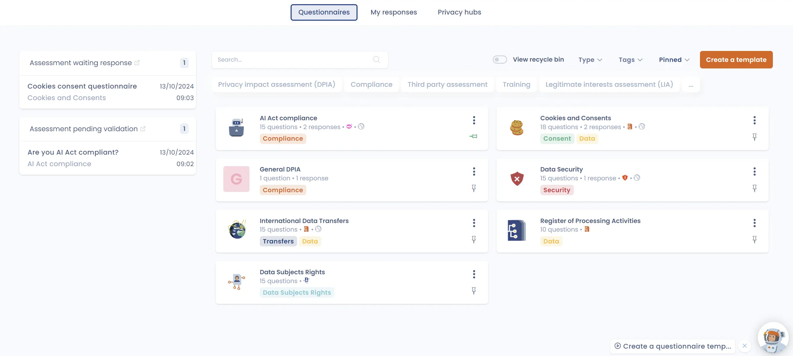 Questionnaires feature in Dastra